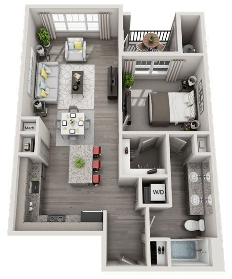 Floor plan for 1 bed, 1 bath, 800 sqft